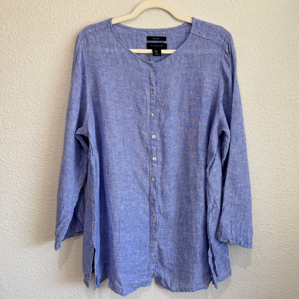Tahari Womens 1X‎ Blue 100% Linen Button Tunic Top Boho Coastal Lagenlook